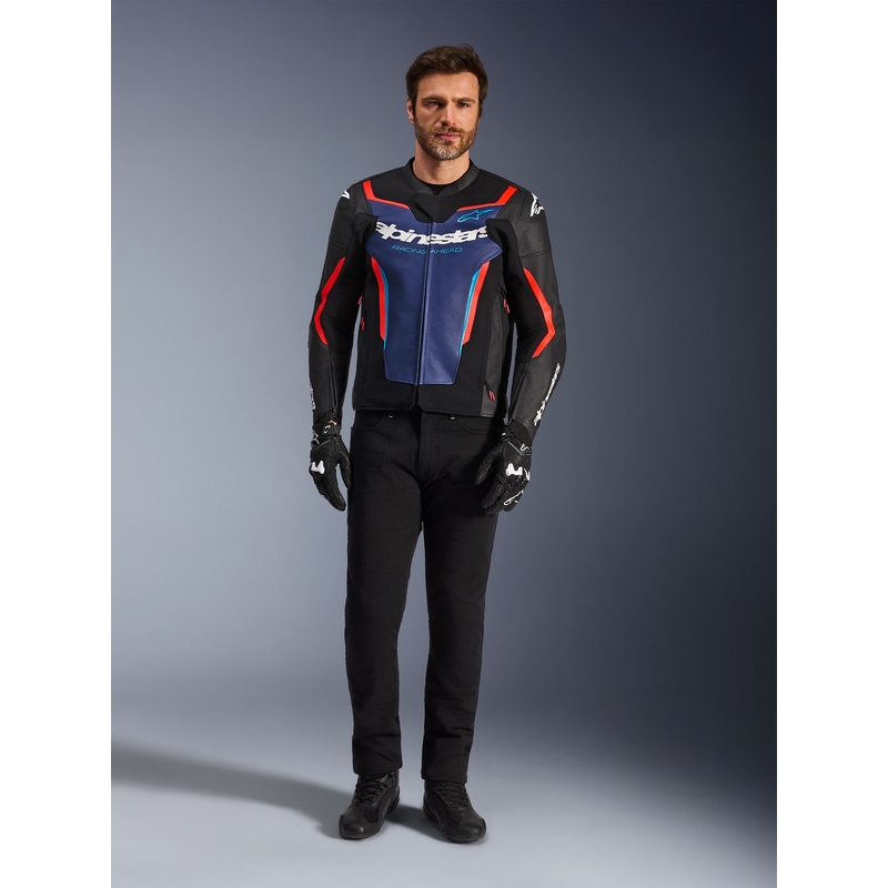 Kožená bunda na motorku Alpinestars GP Force V2 čierno-modro-fluo červená