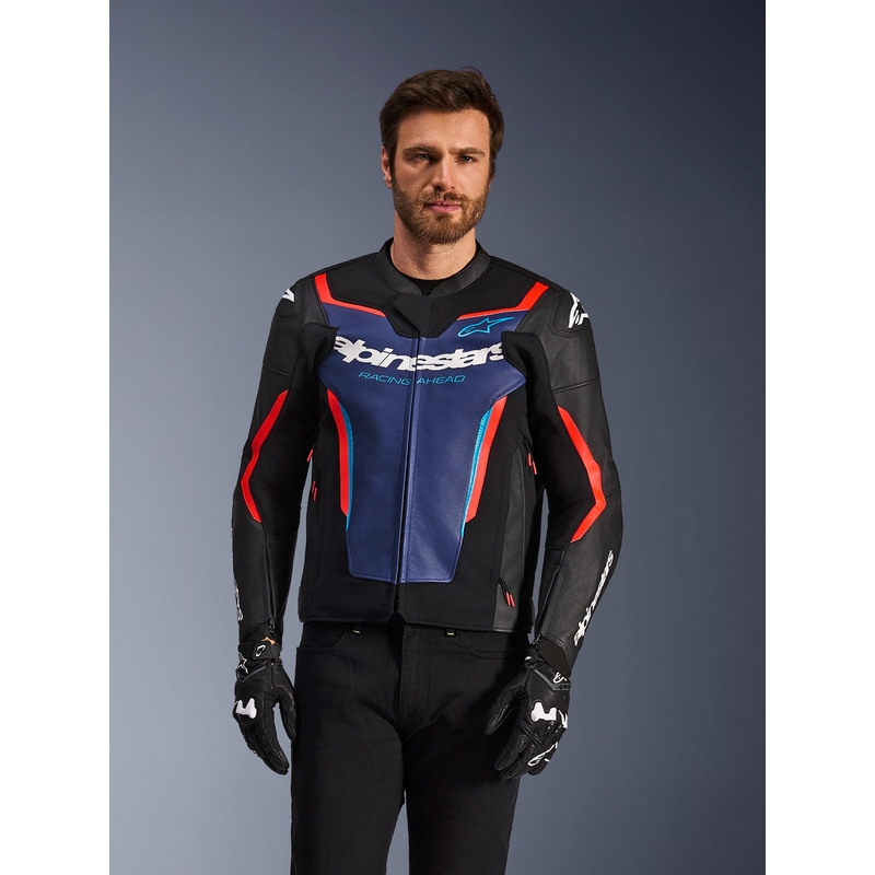 Kožená bunda na motorku Alpinestars GP Force V2 čierno-modro-fluo červená