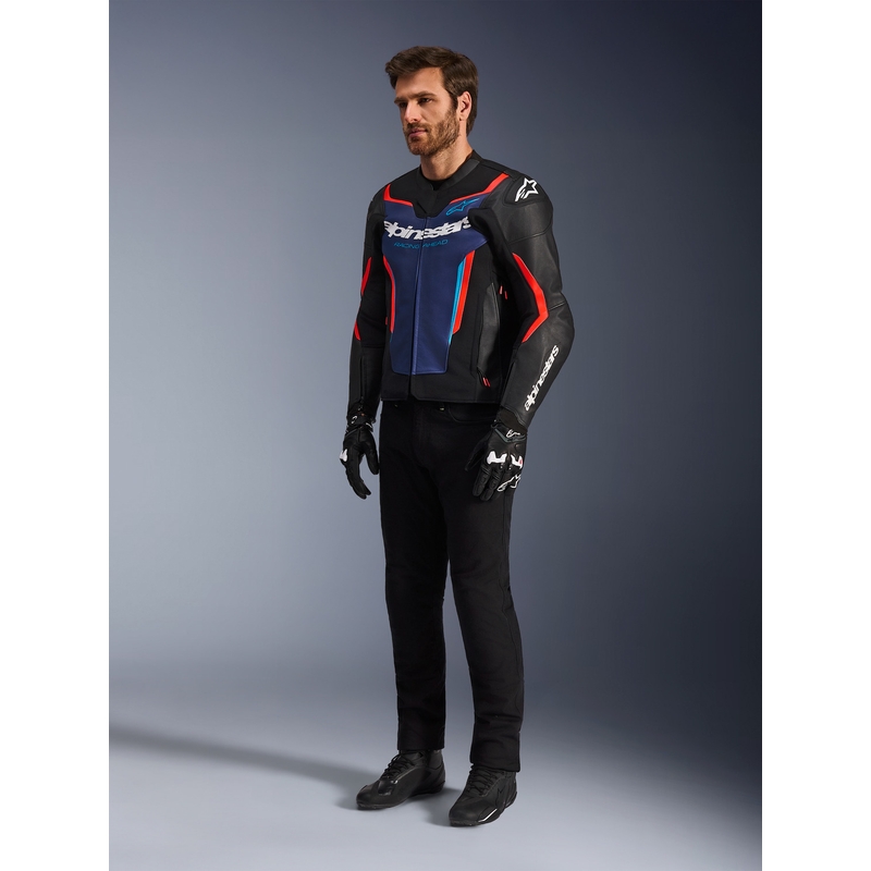 Kožená bunda na motorku Alpinestars GP Force V2 čierno-modro-fluo červená