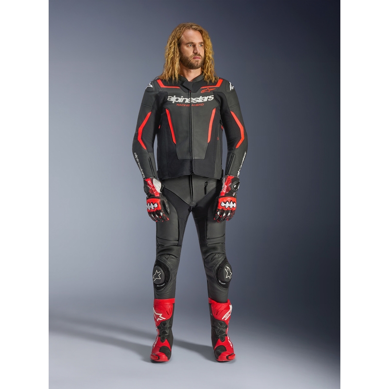 Kožená bunda na motorku Alpinestars GP Force V2 čierno-fluo červeno-biela