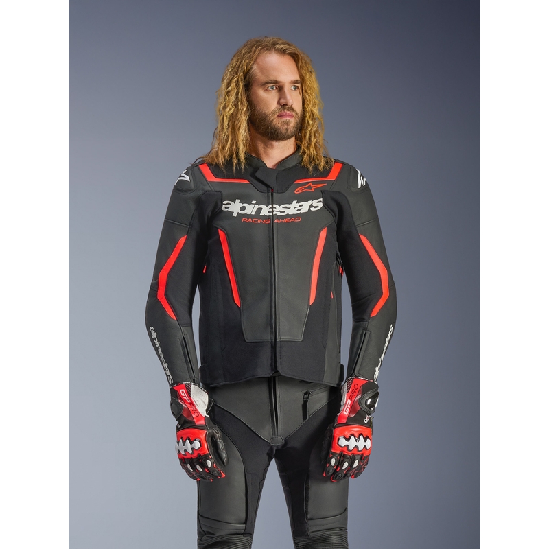 Kožená bunda na motorku Alpinestars GP Force V2 čierno-fluo červeno-biela