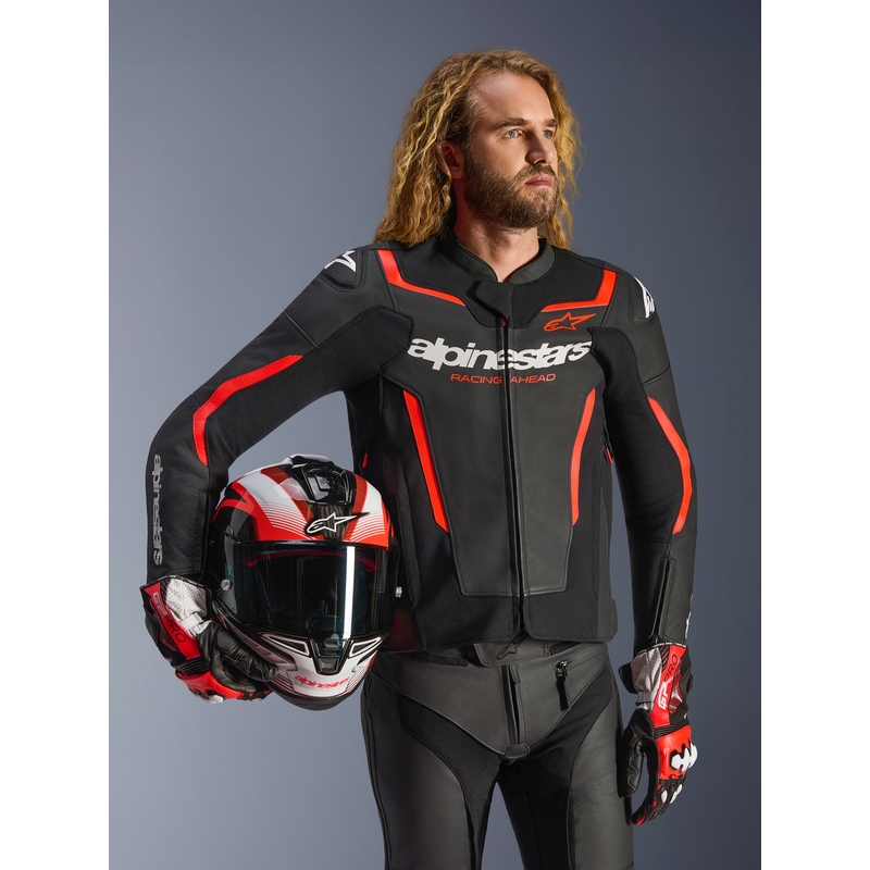 Kožená bunda na motorku Alpinestars GP Force V2 čierno-fluo červeno-biela