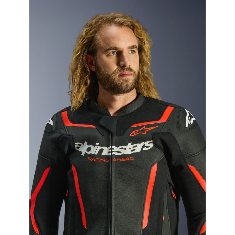 Kožená bunda na motorku Alpinestars GP Force V2 čierno-fluo červeno-biela