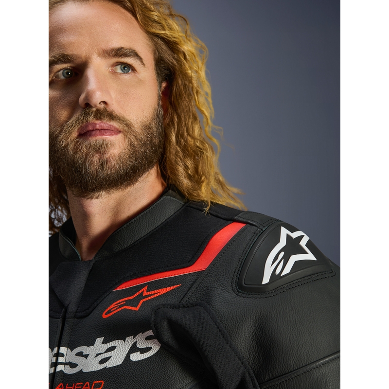 Kožená bunda na motorku Alpinestars GP Force V2 čierno-fluo červeno-biela