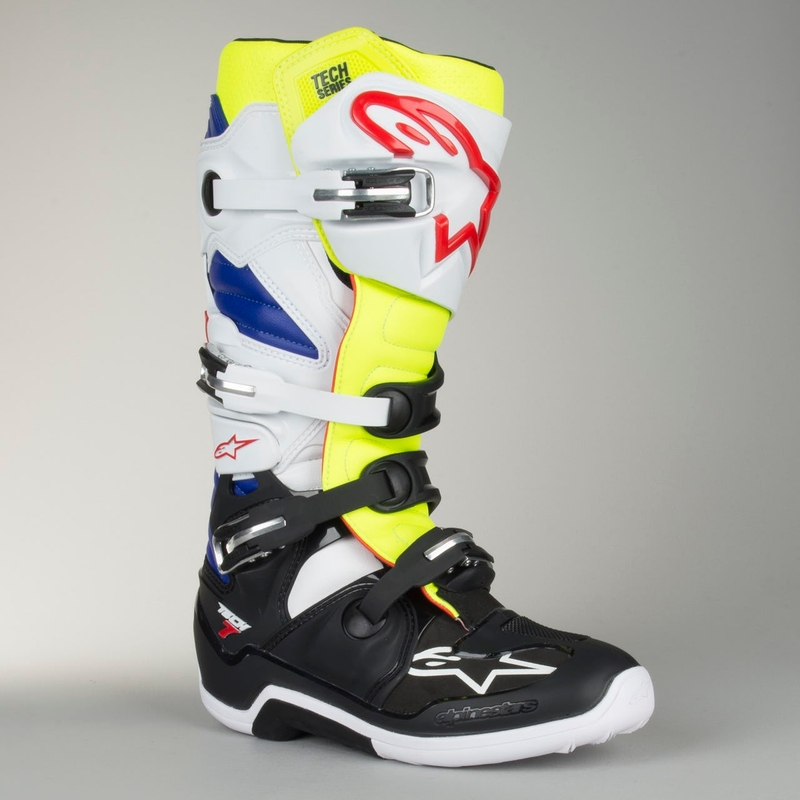 Vysoké čižmy na motocykel Alpinestars Tech 7 bielo-čierno-modro-červeno-fluorescenčno žlté