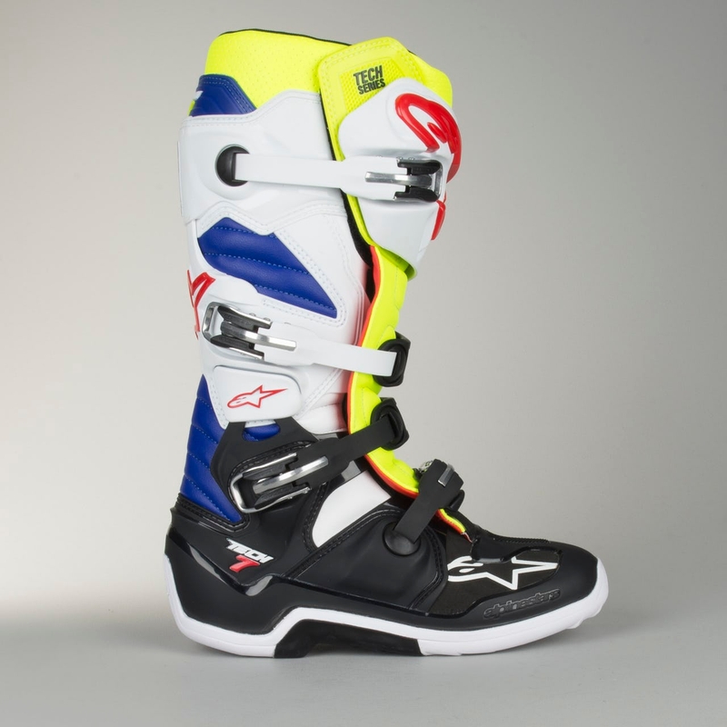 Vysoké čižmy na motocykel Alpinestars Tech 7 bielo-čierno-modro-červeno-fluorescenčno žlté