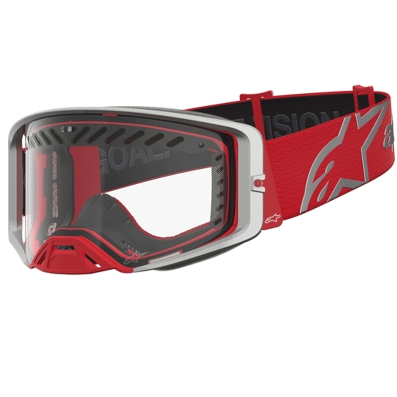 Motokrosové okuliare Alpinestars Supertech Dura Air Fluid červeno-strieborná s čírym plexi