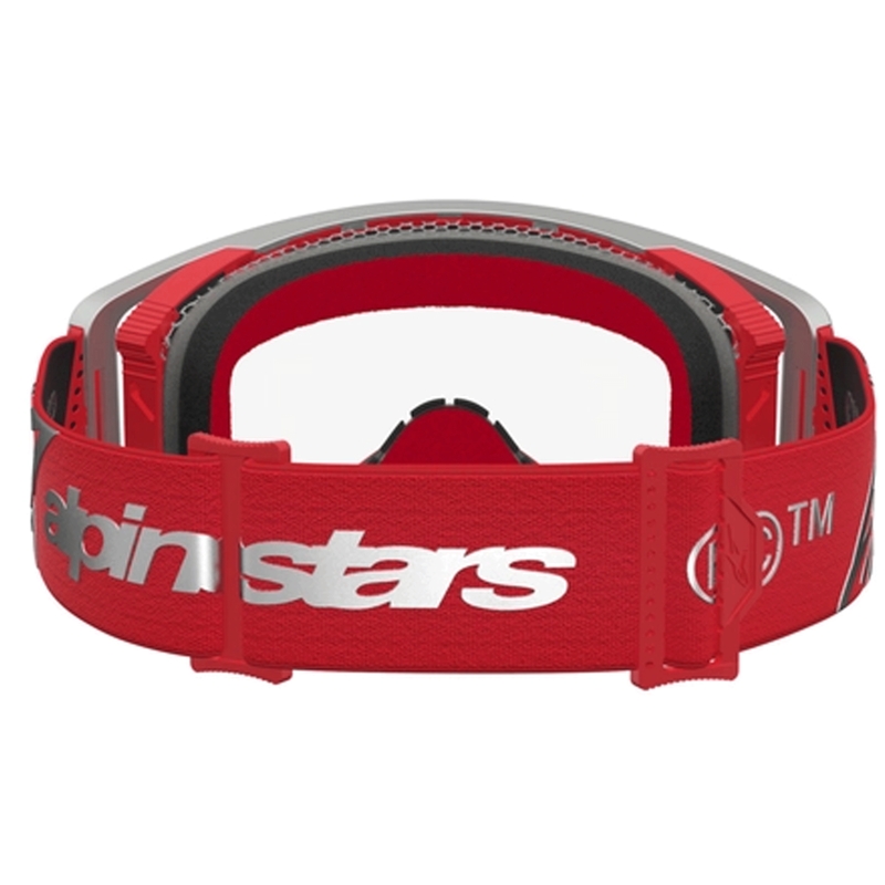 Motokrosové okuliare Alpinestars Supertech Dura Air Fluid červeno-strieborná s čírym plexi