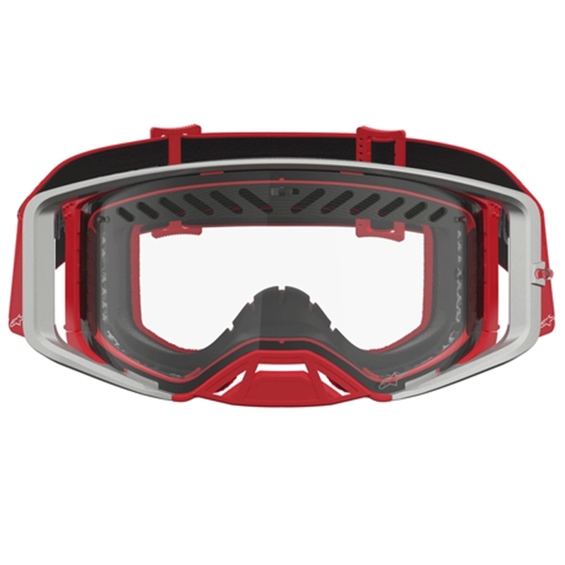 Motokrosové okuliare Alpinestars Supertech Dura Air Fluid červeno-strieborná s čírym plexi