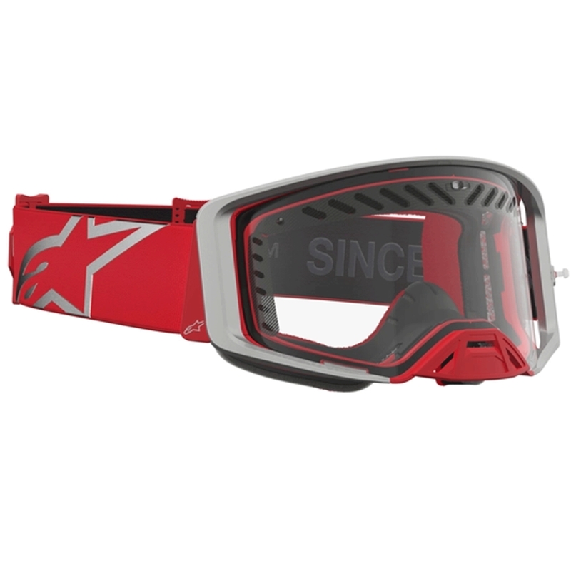 Motokrosové okuliare Alpinestars Supertech Dura Air Fluid červeno-strieborná s čírym plexi
