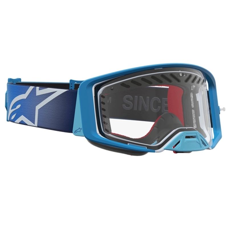 Motokrosové okuliare Alpinestars Supertech Dura Air Fluid modro-strieborné s čírym plexi