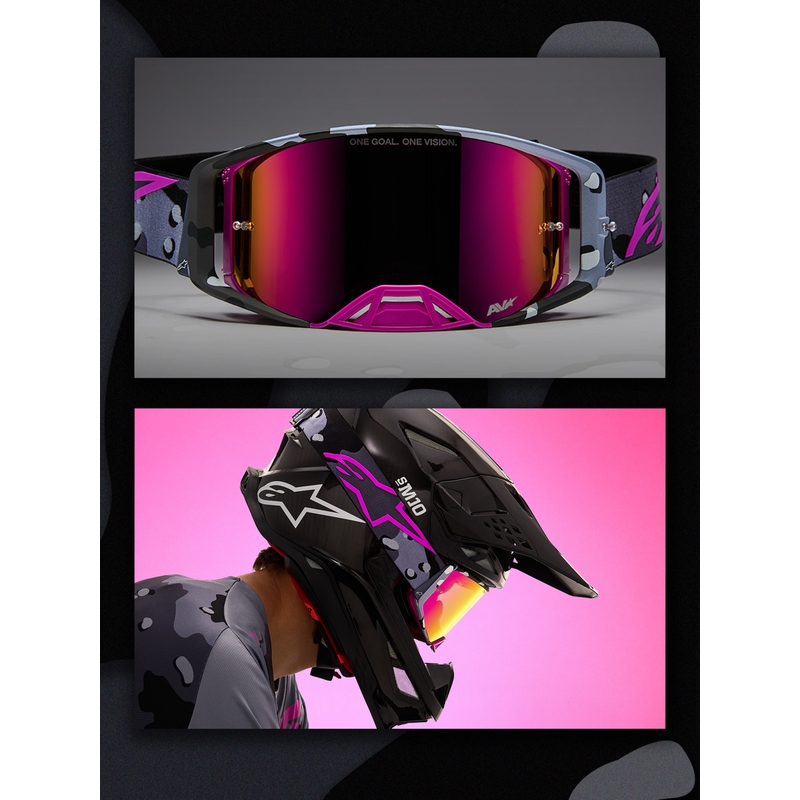 Motokrosové okuliare Alpinestars Supertech Lone fialové camo so zrkadlovo ružovým plexi