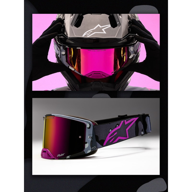 Motokrosové okuliare Alpinestars Supertech Lone fialové camo so zrkadlovo ružovým plexi