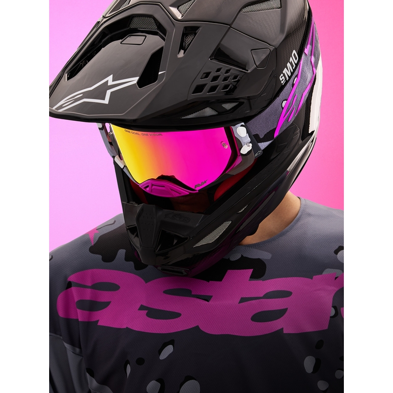 Motokrosové okuliare Alpinestars Supertech Lone fialové camo so zrkadlovo ružovým plexi