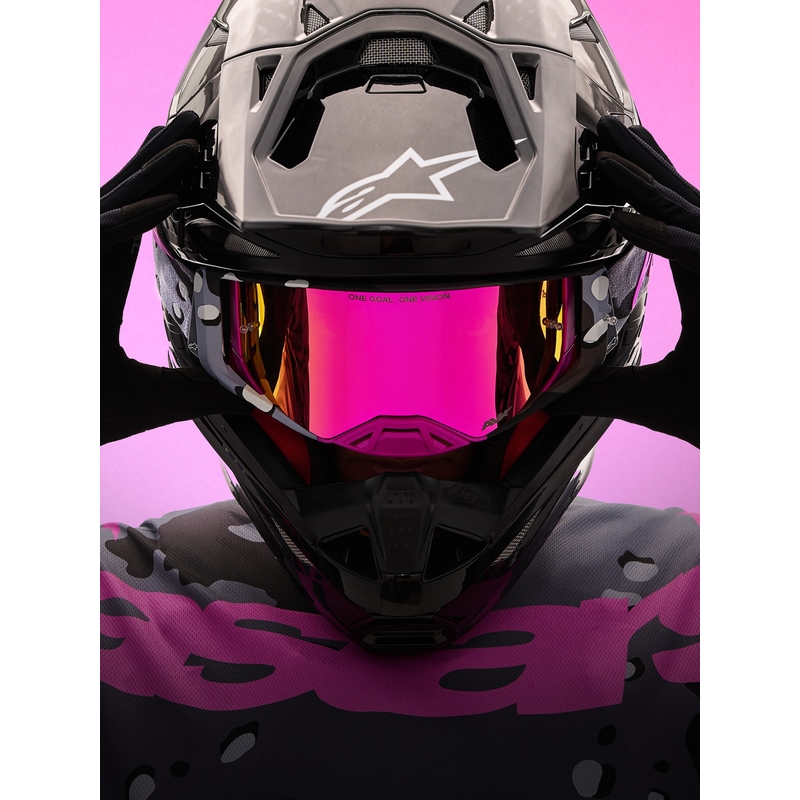 Motokrosové okuliare Alpinestars Supertech Lone fialové camo so zrkadlovo ružovým plexi