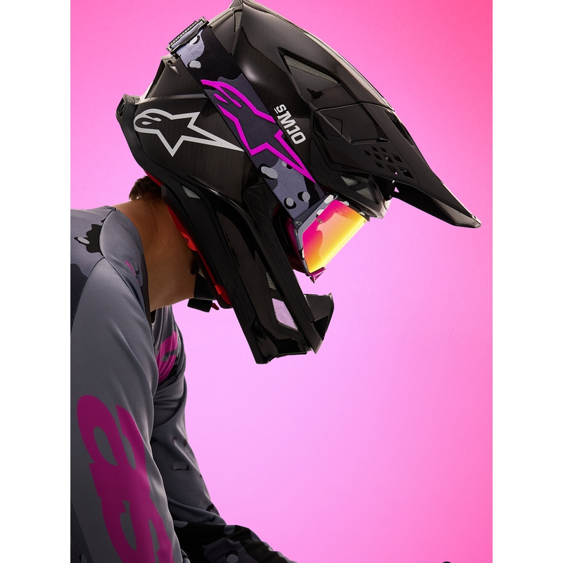 Motokrosové okuliare Alpinestars Supertech Lone fialové camo so zrkadlovo ružovým plexi