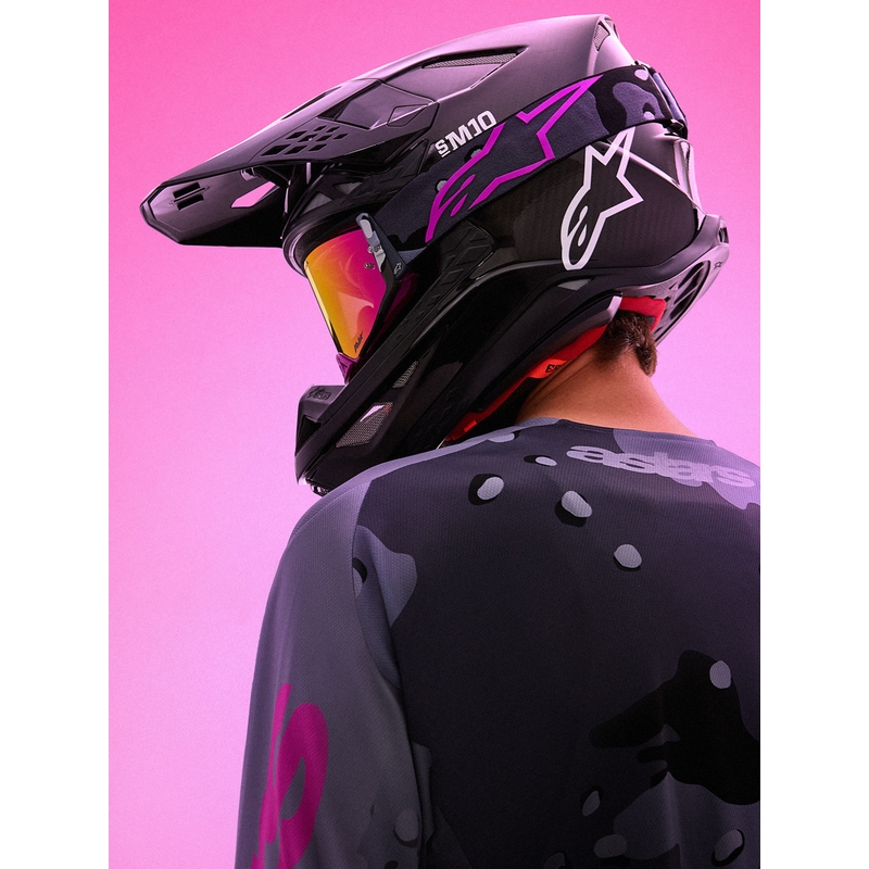 Motokrosové okuliare Alpinestars Supertech Lone fialové camo so zrkadlovo ružovým plexi