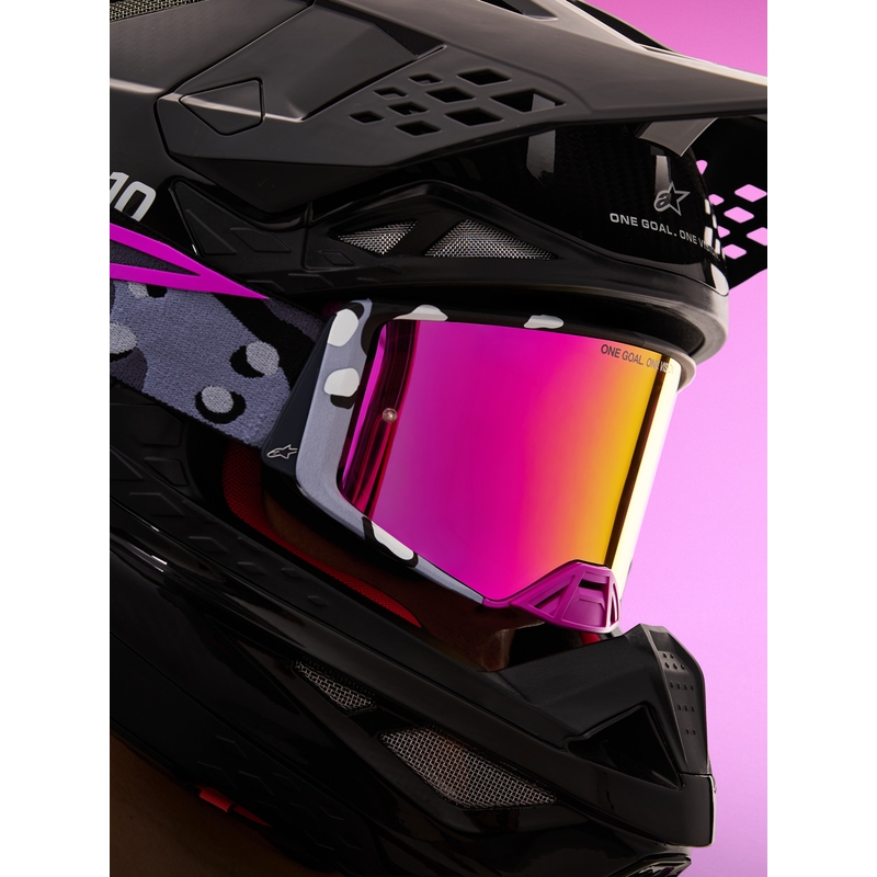 Motokrosové okuliare Alpinestars Supertech Lone fialové camo so zrkadlovo ružovým plexi
