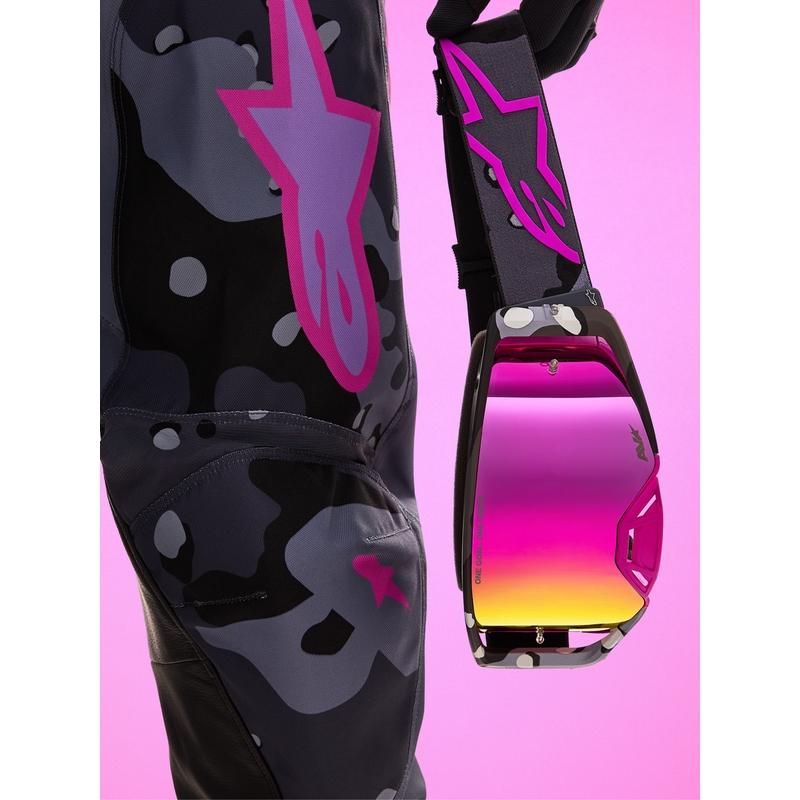 Motokrosové okuliare Alpinestars Supertech Lone fialové camo so zrkadlovo ružovým plexi