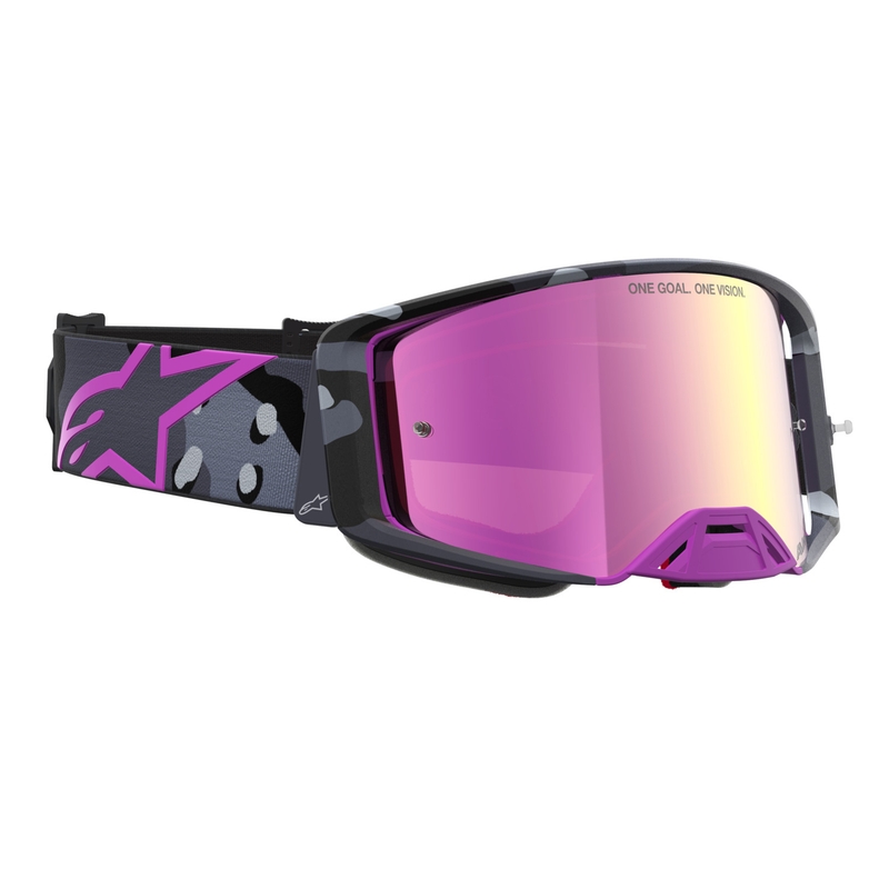Motokrosové okuliare Alpinestars Supertech Lone fialové camo so zrkadlovo ružovým plexi