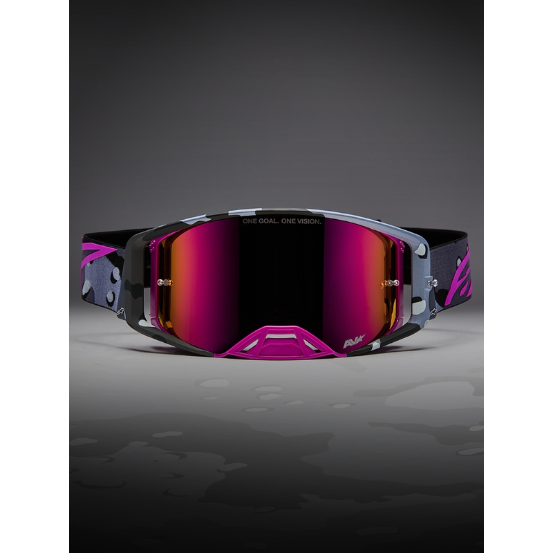Motokrosové okuliare Alpinestars Supertech Lone fialové camo so zrkadlovo ružovým plexi