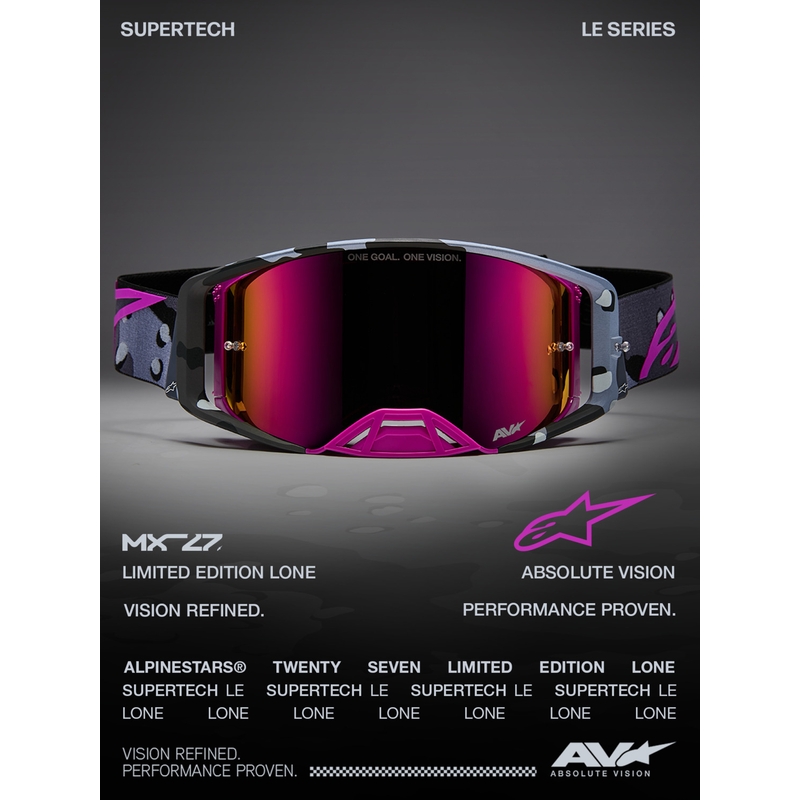 Motokrosové okuliare Alpinestars Supertech Lone fialové camo so zrkadlovo ružovým plexi