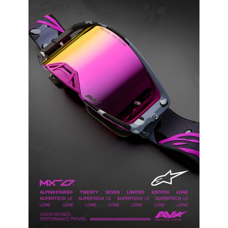 Motokrosové okuliare Alpinestars Supertech Lone fialové camo so zrkadlovo ružovým plexi