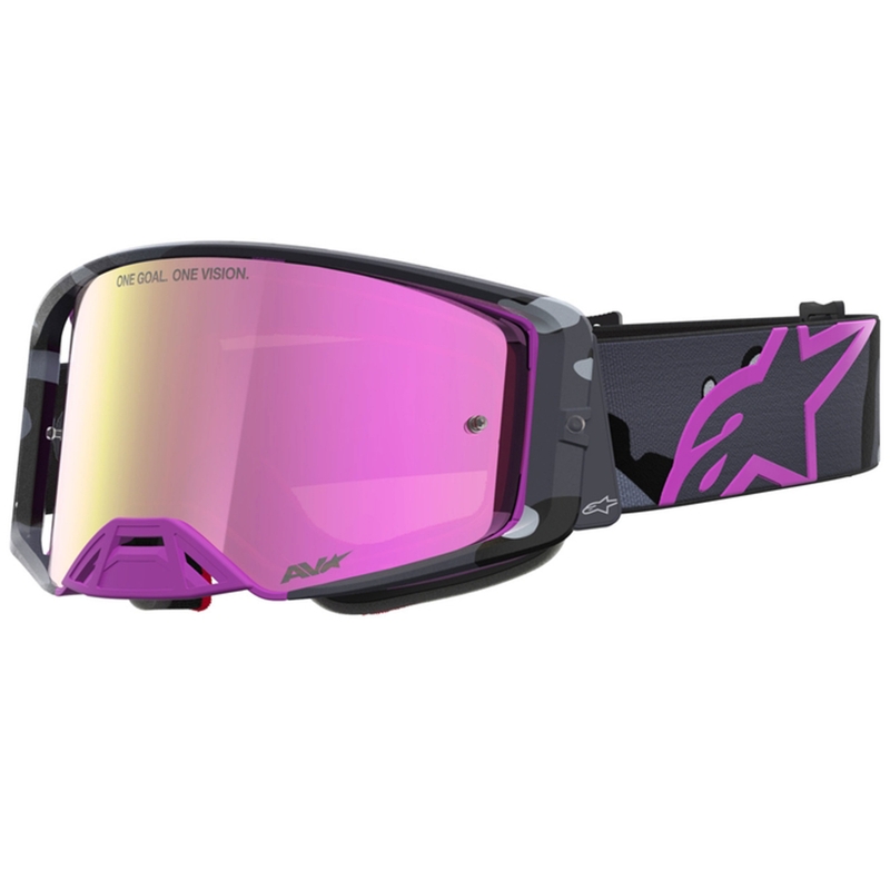 Motokrosové okuliare Alpinestars Supertech Lone fialové camo so zrkadlovo ružovým plexi