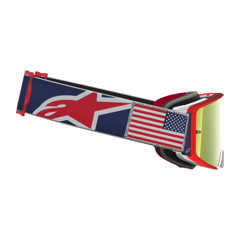 Motokrosové okuliare Alpinestars Supertech Fiftyfold modro-červeno-biele so zrkadlovým červeným plexi