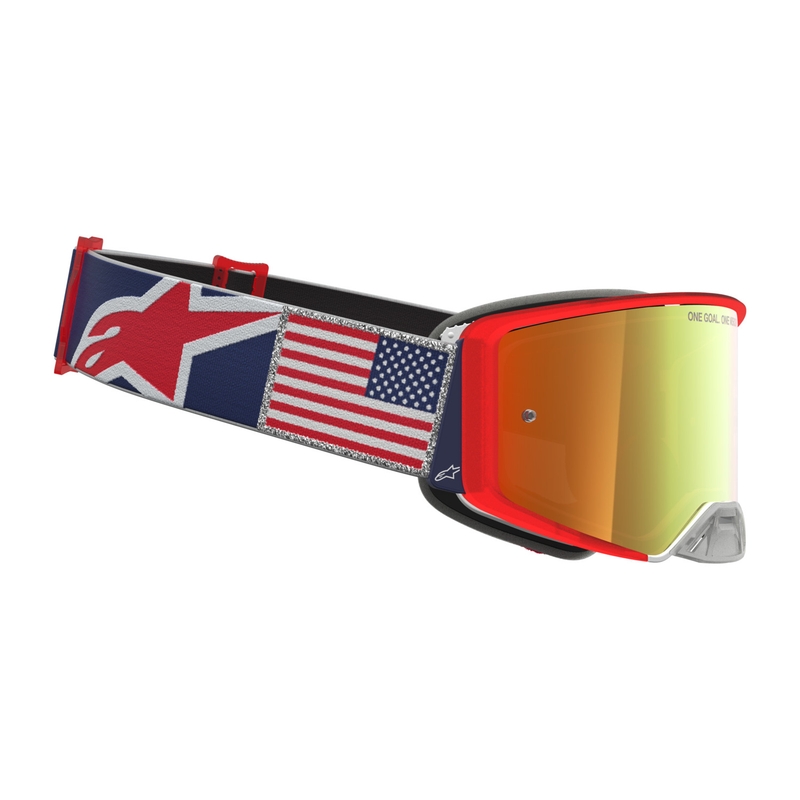 Motokrosové okuliare Alpinestars Supertech Fiftyfold modro-červeno-biele so zrkadlovým červeným plexi
