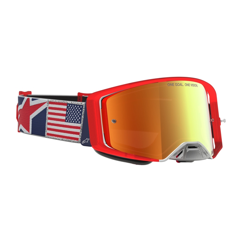 Motokrosové okuliare Alpinestars Supertech Fiftyfold modro-červeno-biele so zrkadlovým červeným plexi