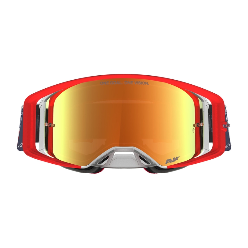 Motokrosové okuliare Alpinestars Supertech Fiftyfold modro-červeno-biele so zrkadlovým červeným plexi