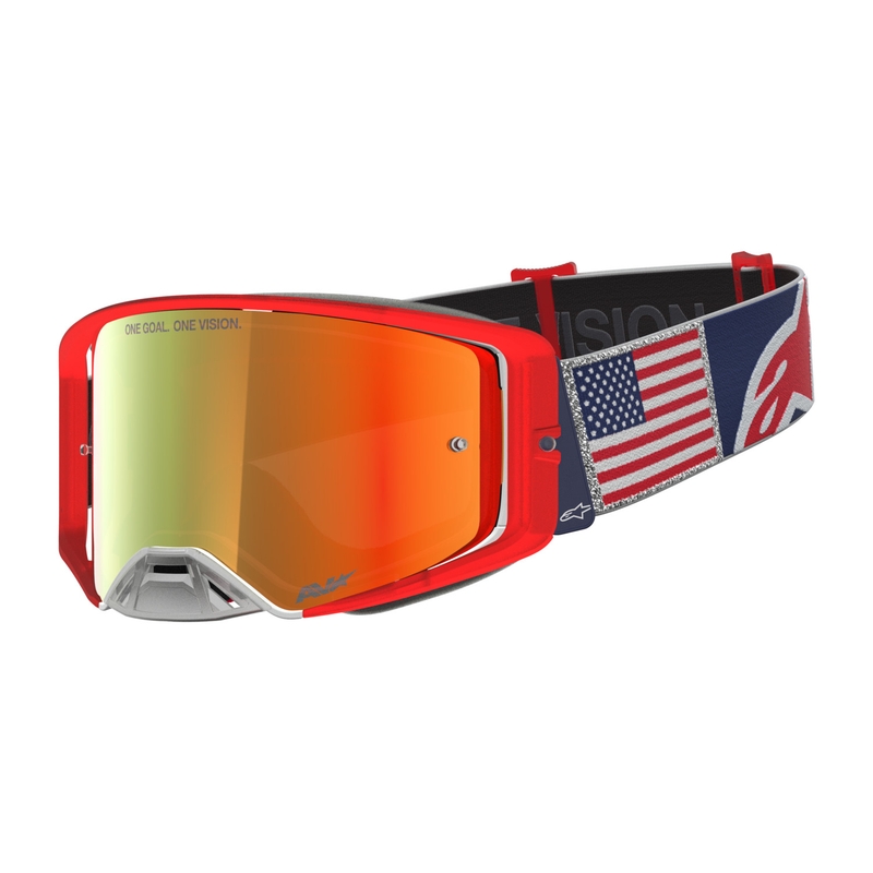 Motokrosové okuliare Alpinestars Supertech Fiftyfold modro-červeno-biele so zrkadlovým červeným plexi