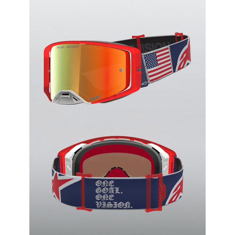 Motokrosové okuliare Alpinestars Supertech Fiftyfold modro-červeno-biele so zrkadlovým červeným plexi