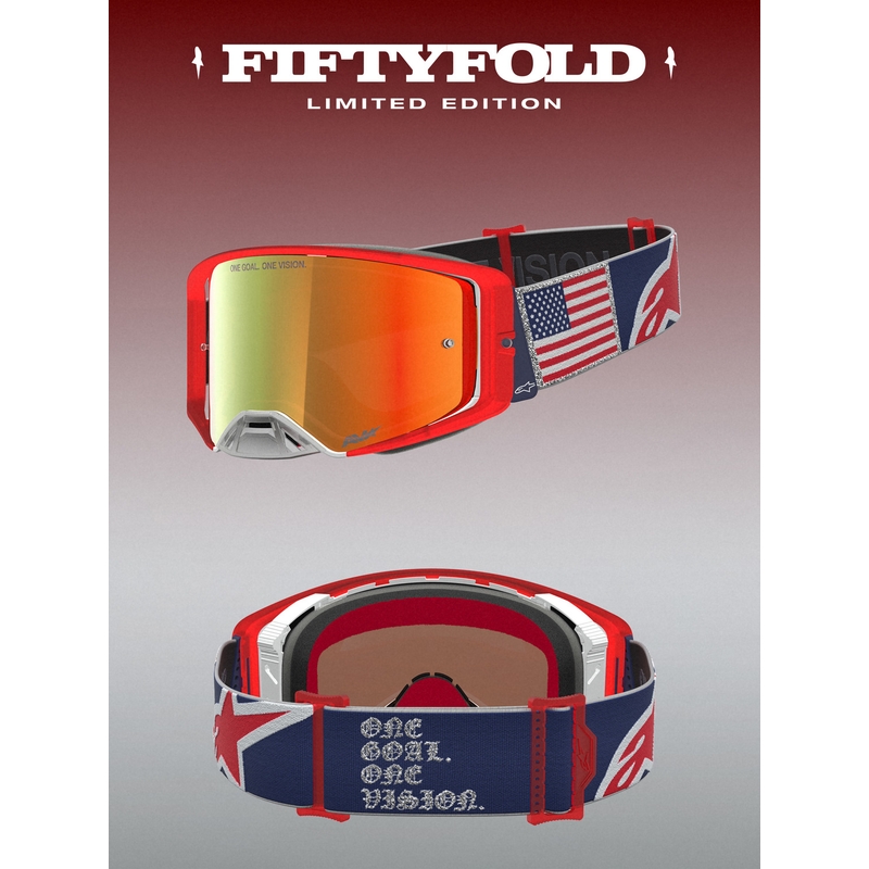 Motokrosové okuliare Alpinestars Supertech Fiftyfold modro-červeno-biele so zrkadlovým červeným plexi