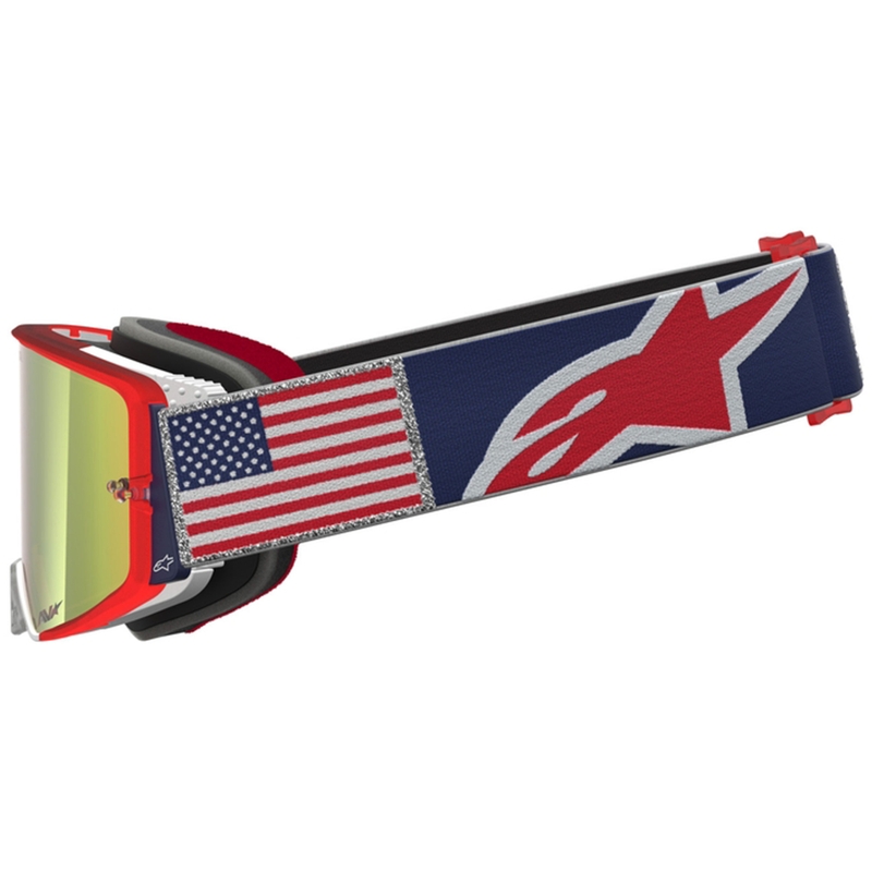Motokrosové okuliare Alpinestars Supertech Fiftyfold modro-červeno-biele so zrkadlovým červeným plexi