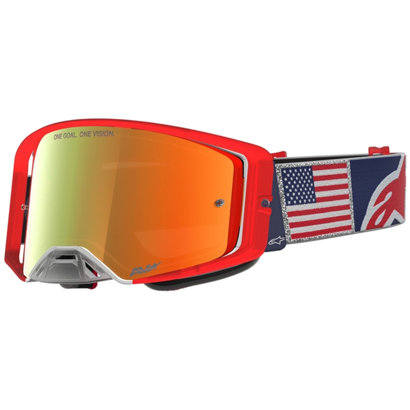 Motokrosové okuliare Alpinestars Supertech Fiftyfold modro-červeno-biele so zrkadlovým červeným plexi
