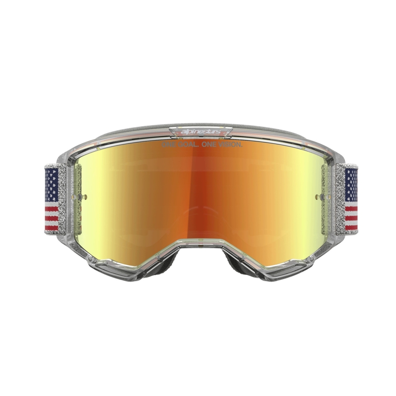 Motokrosové okuliare Alpinestars Vision 5 Fiftyfold modro-červeno-biele so zrkadlovým červeným plexi