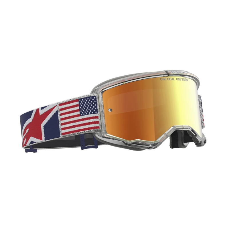 Motokrosové okuliare Alpinestars Vision 5 Fiftyfold modro-červeno-biele so zrkadlovým červeným plexi