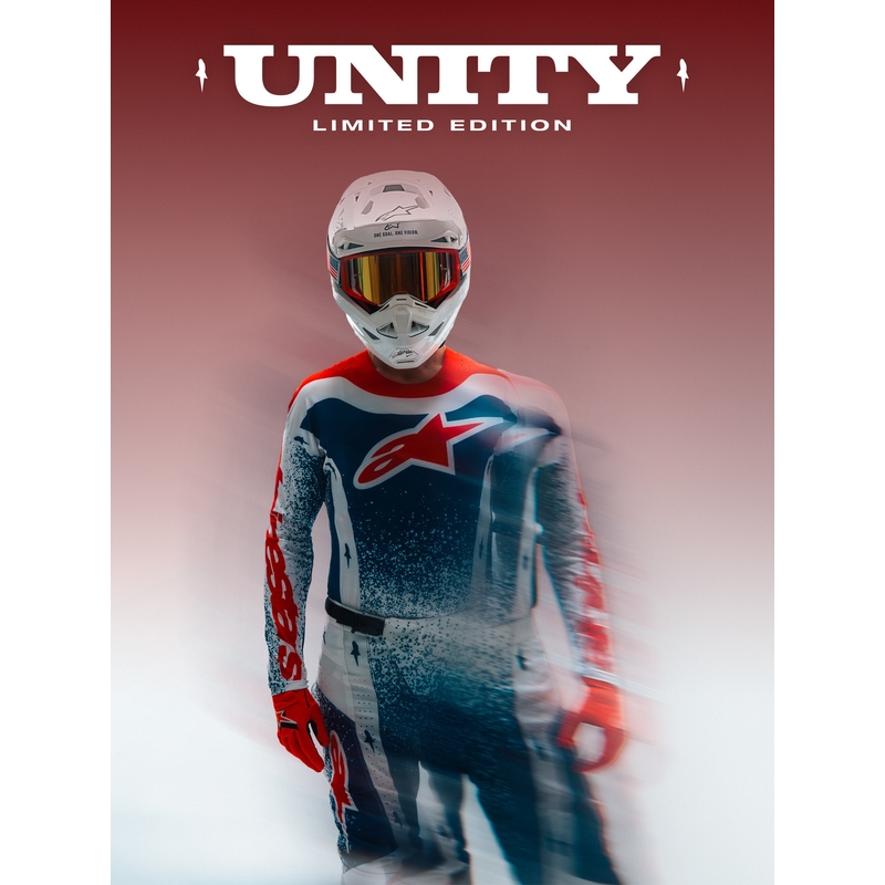 Motokrosové nohavice Alpinestars Techstar limitovaná edícia Unity červeno-bielo-modré