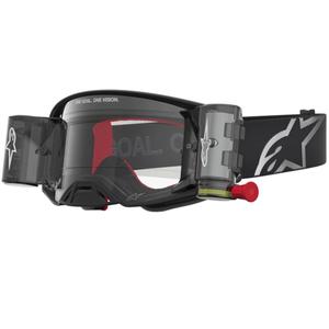 Motokrosové okuliare Alpinestars Supertech ROLL-OFF čierno-strieborné s čírym plexi