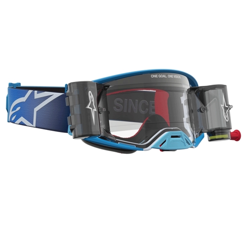 Motokrosové okuliare Alpinestars Supertech ROLL-OFF modro-strieborné s čírym plexi