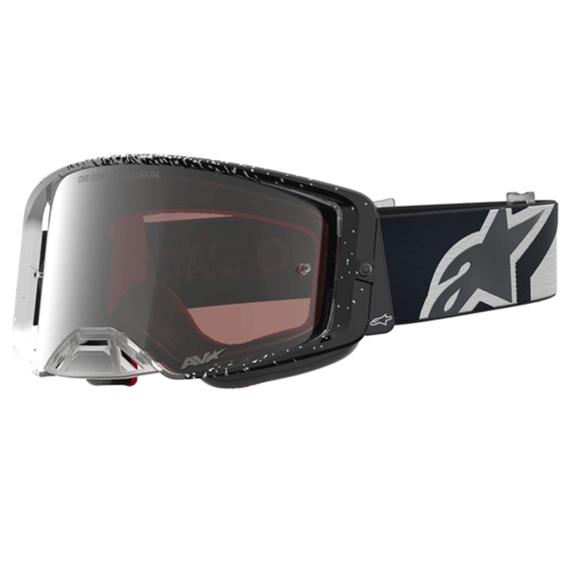 Motokrosové okuliare Alpinestars Supertech bielo-čierne so zrkadlovo strieborným plexi
