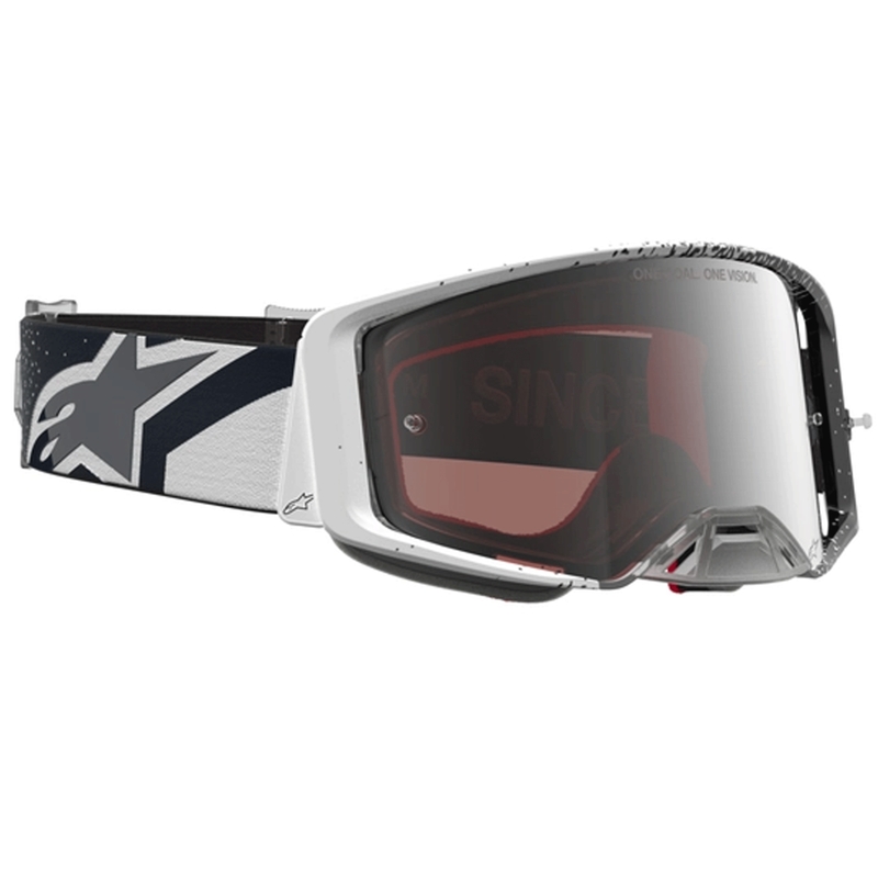 Motokrosové okuliare Alpinestars Supertech bielo-čierne so zrkadlovo strieborným plexi