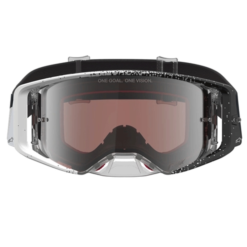 Motokrosové okuliare Alpinestars Supertech bielo-čierne so zrkadlovo strieborným plexi