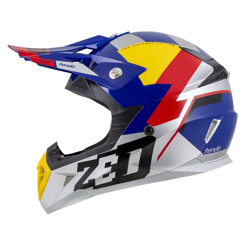 Motokrosová prilba ZED X1.9 Tendo perleťovo modro-červeno-žlto-strieborná - II. akosť