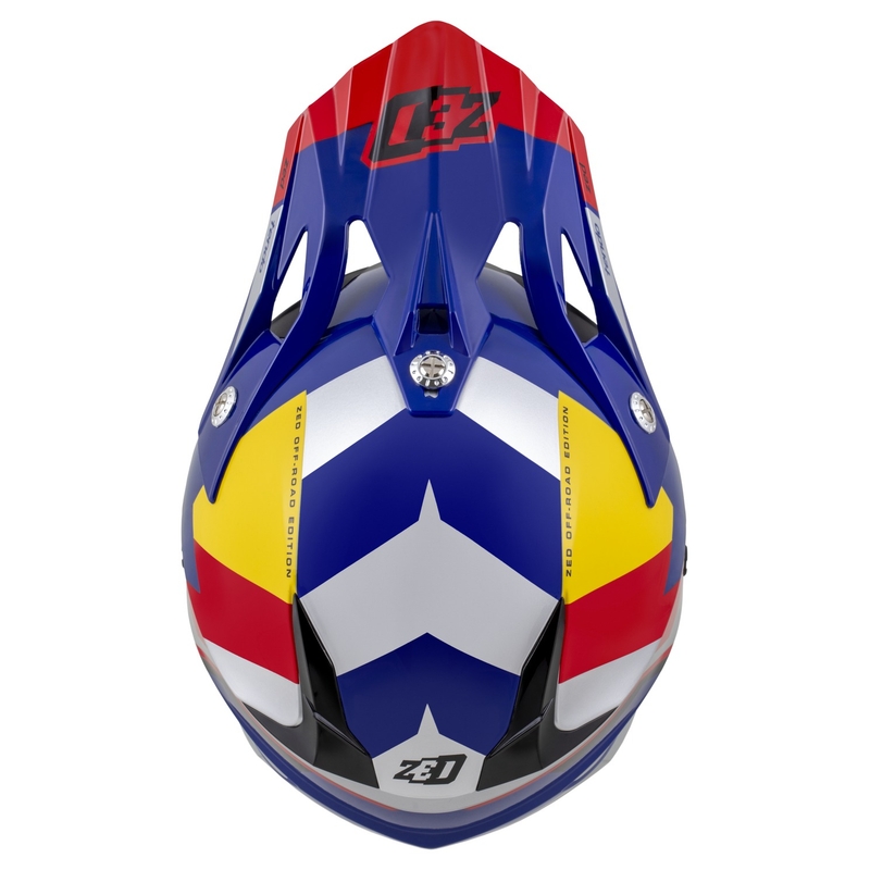 Motokrosová prilba ZED X1.9 Tendo perleťovo modro-červeno-žlto-strieborná - II. akosť