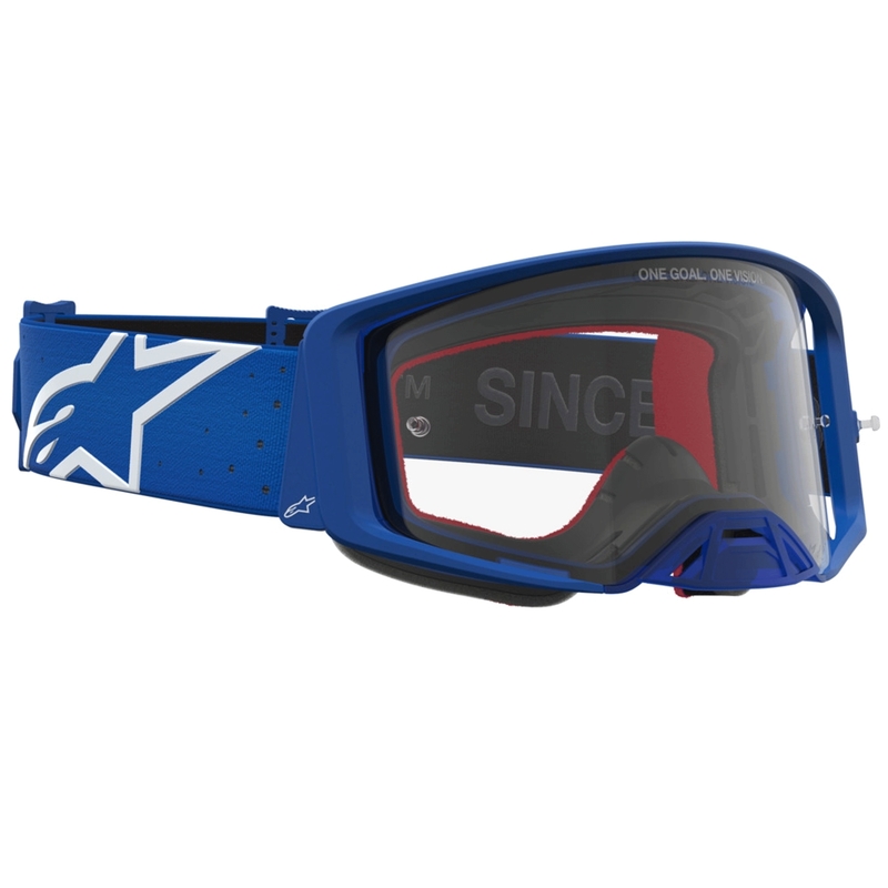 Motokrosové okuliare Alpinestars Supertech Vesta modro-biele s čírym plexi