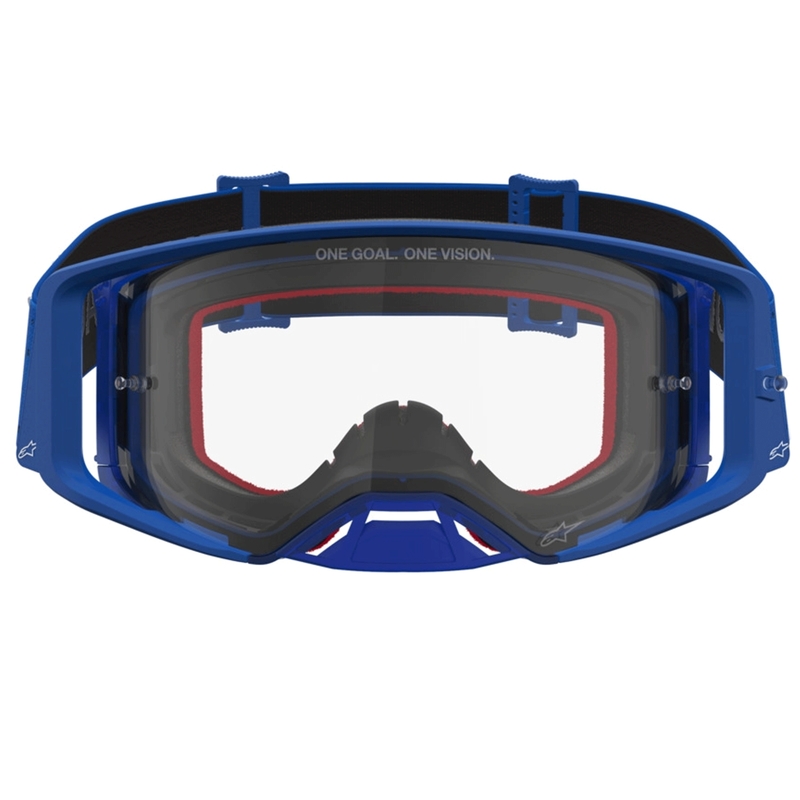 Motokrosové okuliare Alpinestars Supertech Vesta modro-biele s čírym plexi