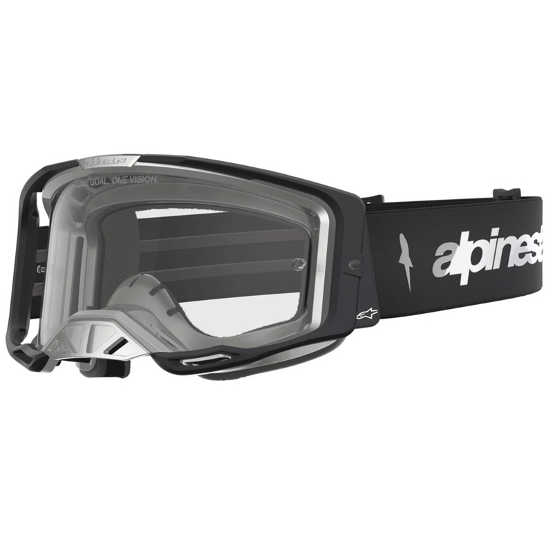 Motokrosové okuliare Alpinestars Vision 8 Amber čierno-strieborné s čírym plexi